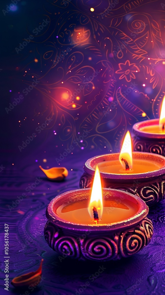Three lit candles in a purple bowl with a gold Diya oil lamp and blue background. Diwali, Hindu festival of lights celebration. Three lit candles in a purple bowl with a gold Diya oil lamp and blue background. Diwali, Hindu festival of lights celebration.