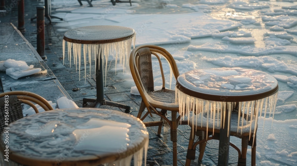 Fototapeta premium Frozen cafe tables overlooking icy river in winter sunset