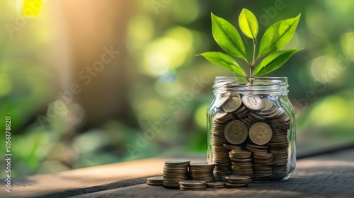 Bitcoin coins growing in a glass jar with green leaves in natural sunlight