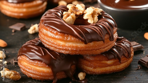 Churro donuts topped with chocolate icing, isolated on a dark wood surface, with melted chocolate and nuts photo