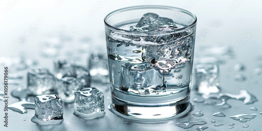 A glass of water with ice cubes, surrounded by melting ice on a reflective surface. A glass of water with ice cubes, surrounded by melting ice on a reflective surface.
