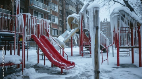 Snow-covered playground with icy slides in winter urban setting photo