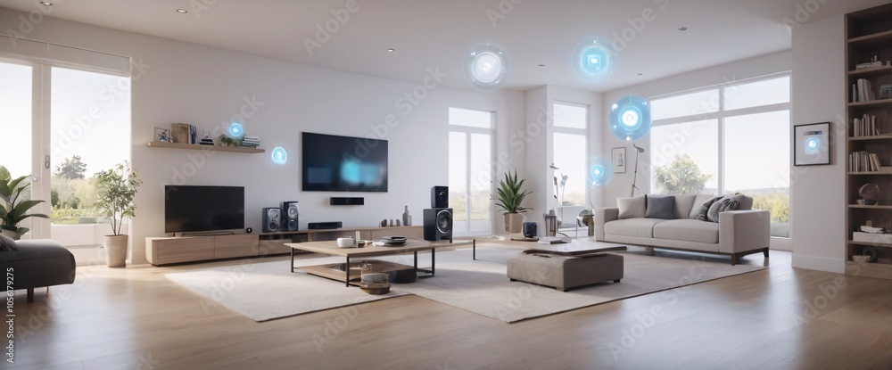 illustrate the concept of the Internet of Things with an image of a smart home, featuring various connected devices and appliances, shot from a low angle with a wide-angle lens to showcase the entire
illustrate the concept of the Internet of Things with an image of a smart home, featuring various connected devices and appliances, shot from a low angle with a wide-angle lens to showcase the entire