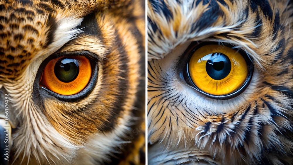 tiger and owl eye collage. Close-up shot. Generative Ai. tiger and owl eye collage. Close-up shot. Generative Ai.