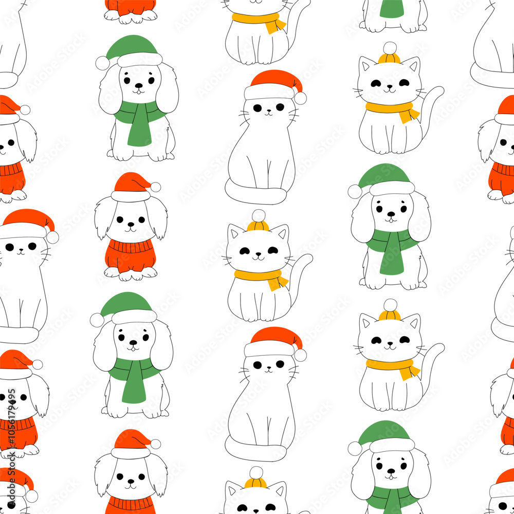 Seamless pattern Merry christmas and happy new year of cute cat and dog with decorative scarf, ribbon, hat. Design suitable for banner, invitation, card, banner, cover. Seamless pattern Merry christmas and happy new year of cute cat and dog with decorative scarf, ribbon, hat. Design suitable for banner, invitation, card, banner, cover.