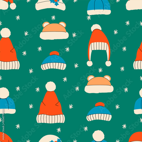 Winter clothes. Santa stocking cap. Knitted hat seamless pattern