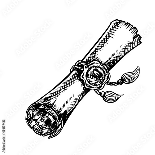 An ancient scroll sealed with a seal. Vector black and white graphics. Hand-drawn illustration on a white background. An element of the design of postcards, flyers, posters, stickers, and more.
