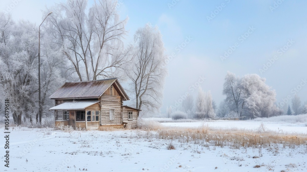 Rustic winter cabin in snowy forest landscape Rustic winter cabin in snowy forest landscape