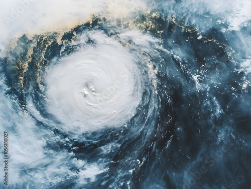 A powerful hurricane churns over the ocean, its swirling clouds creating a mesmerizing and ominous spectacle.