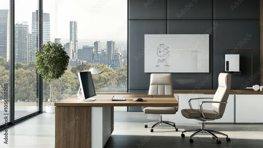 Modern office interior with city view, featuring a desk, chairs, and whiteboard. Modern office interior with city view, featuring a desk, chairs, and whiteboard.