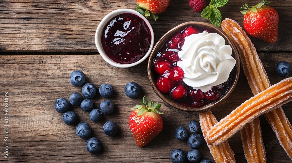 Churros with berry compote, isolated on a rustic wooden surface, with blueberries, strawberries, and a dollop of whipped cream Churros with berry compote, isolated on a rustic wooden surface, with blueberries, strawberries, and a dollop of whipped cream