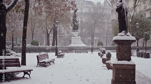 Snow falling softly on Parisian parks, with benches