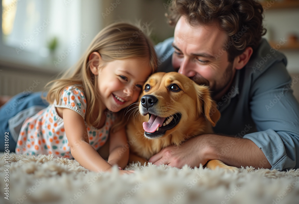 father daughter spend quality time happy dog home together father daughter spend quality time happy dog home together