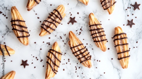 Wallpaper Mural Classic churros dipped in cinnamon sugar, isolated on a white marble background, with chocolate drizzle and small star-shaped sprinkles Torontodigital.ca