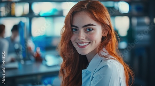 Stylish young woman with a radiant smile in a university lab,