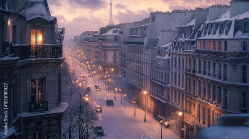 Fototapeta Naklejka Na Ścianę i Meble -  The elegant facades of Parisian buildings lined with snow,
