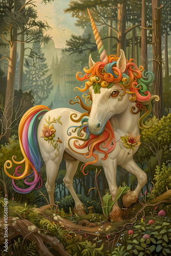 Majestic unicorn in enchanted forest with flowers photo