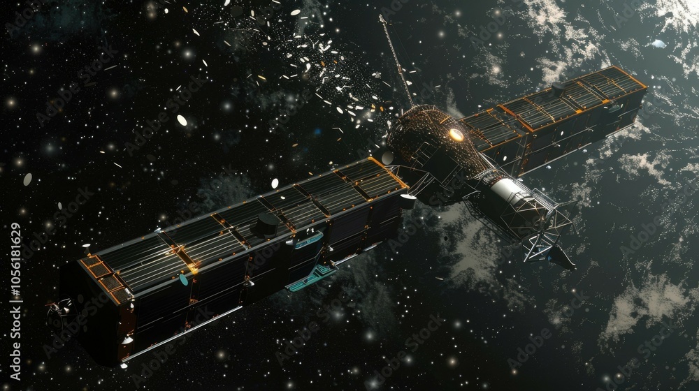 Space satellite collision with debris in earth's orbit Space satellite collision with debris in earth's orbit
