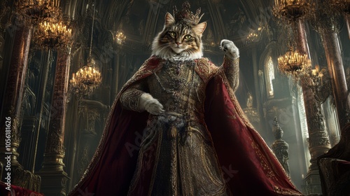 The King of Cats in a royal robe and crown, standing in a majestic castle photo