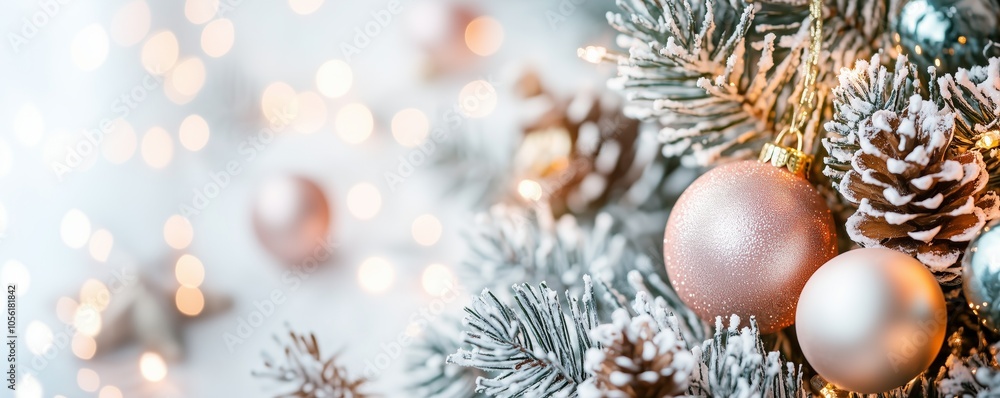 Festive close-up of snow-covered Christmas tree with shiny baubles and pine cones. Festive close-up of snow-covered Christmas tree with shiny baubles and pine cones.