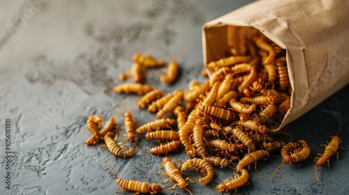 Edible mealworms spilling from paper bag on rustic surface photo