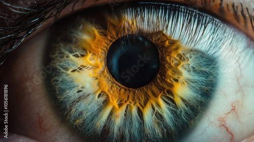 A close-up of a human eye reveals mesmerizing iris details, with dramatic orange and gold patterns swirling around the dark pupil for a captivating visual effect.