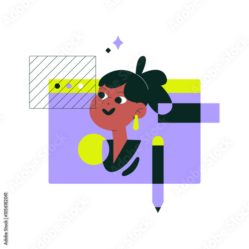 Female Designer with Pencil and Digital Interface in Flat Vector Illustration Symbolizing Creativity, Art Design, and Innovation, Isolated on White Background