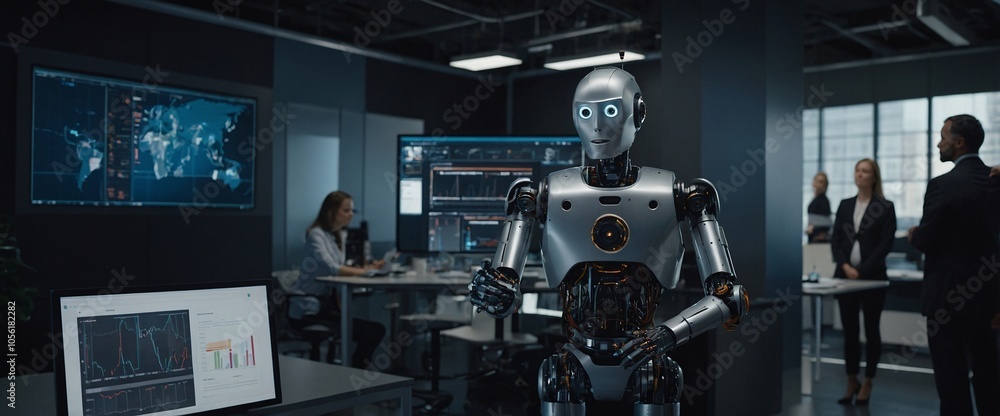 An inclusive team of business professionals working with a humanoid robot on an innovation project in a futuristic setting An inclusive team of business professionals working with a humanoid robot on an innovation project in a futuristic setting