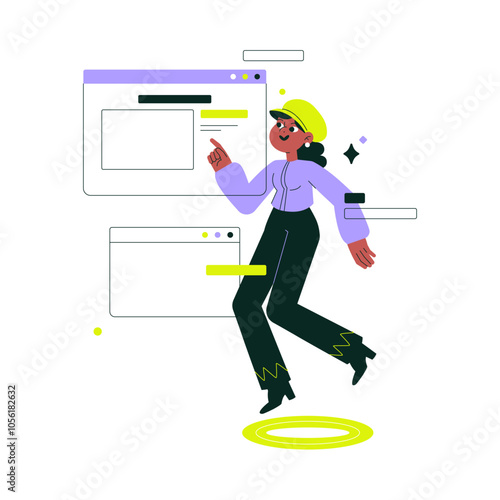 Woman Interacting With Digital Interface In Flat Vector Illustration Symbolizing Innovation And Digital Engagement, Isolated On White Background