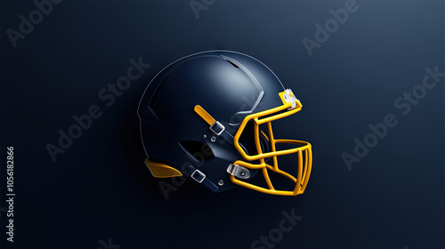  A black and yellow football helmet on a dark blue background with a yellow stripe on the side of the helmet