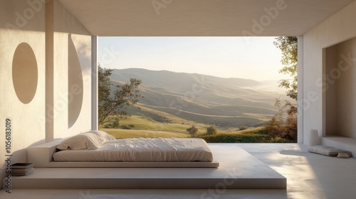 White bedroom with minimalist decor  surrounded by a stunning view