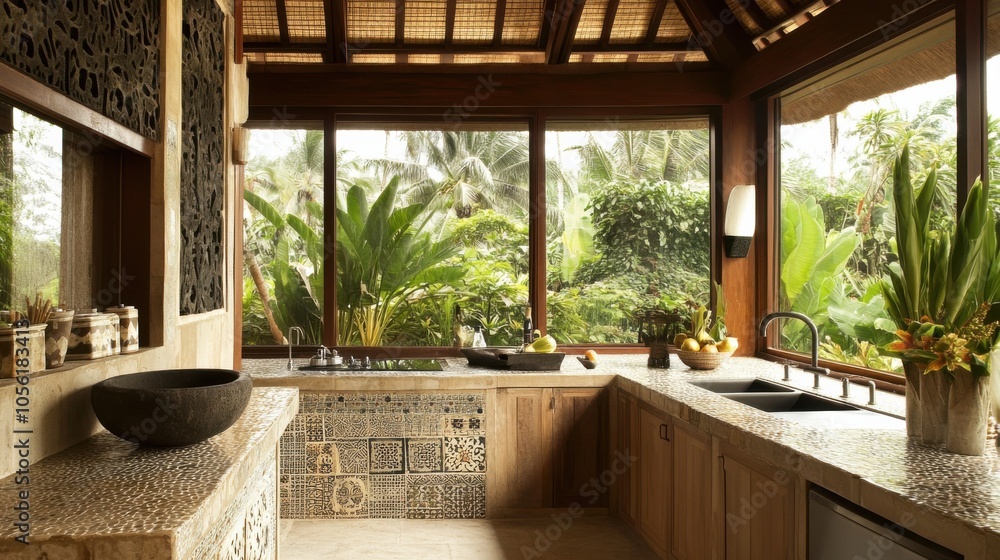 Fototapeta premium Artisanal Balinese Kitchen: A kitchen featuring handcrafted cabinetry, intricate tile work, and a rustic stone sink, enhanced by large windows that create a bright and inviting cooking space