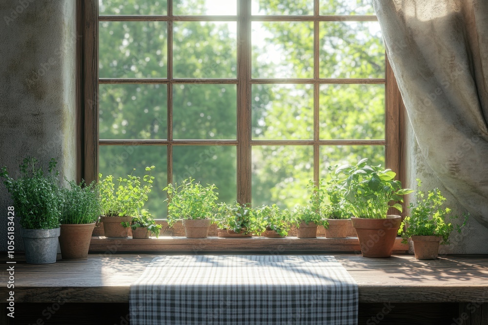 farmhouse kitchen decor, rustic farmhouse corner with a wooden table by a big window, draped with a checkered runner and potted herbs, leaving room for text farmhouse kitchen decor, rustic farmhouse corner with a wooden table by a big window, draped with a checkered runner and potted herbs, leaving room for text