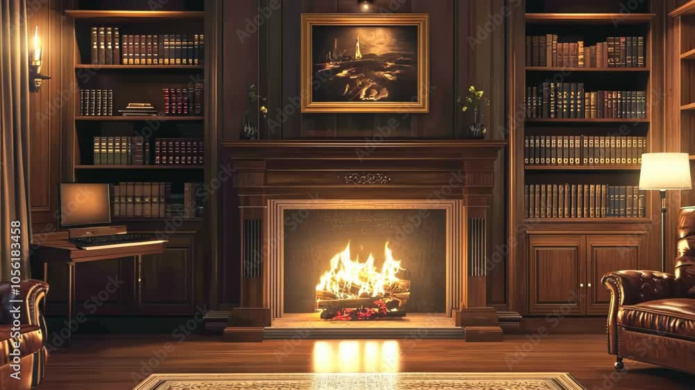 Cozy library with a fireplace, bookshelves, and leather chairs creating a warm atmosphere. Cozy library with a fireplace, bookshelves, and leather chairs creating a warm atmosphere.