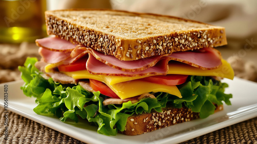 A tempting close-up of a hearty sandwich on a white square plate. photo