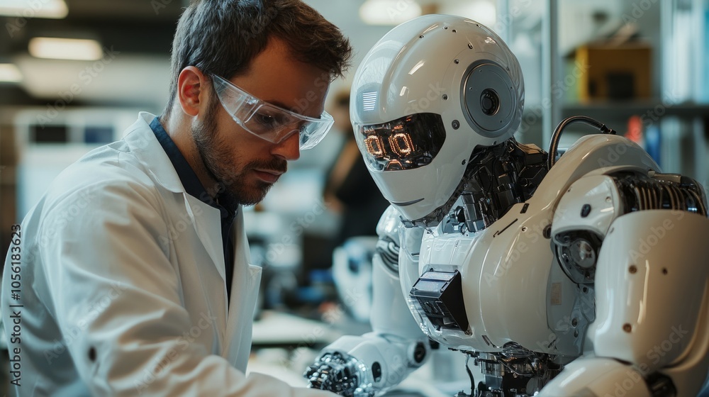 Fototapeta premium Two scientists research and manufacture humanoid robots 