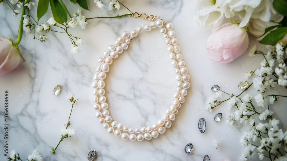 Double-stranded pearl bracelet isolated on a marble background, with scattered gemstones and floral sprigs Double-stranded pearl bracelet isolated on a marble background, with scattered gemstones and floral sprigs