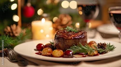 Elegant steak dinner with festive decorations and candlelight ambiance.