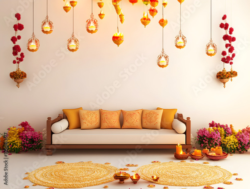 A cozy living room decorated with traditional Indian lanterns and flowers for Diwali.