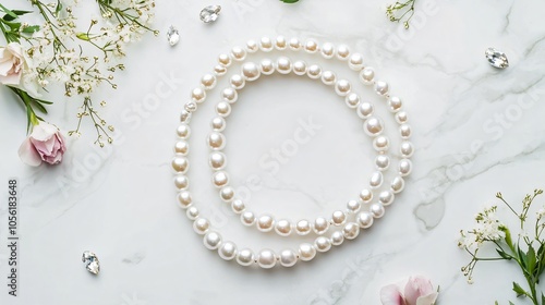 Double-stranded pearl bracelet isolated on a marble background, with scattered gemstones and floral sprigs