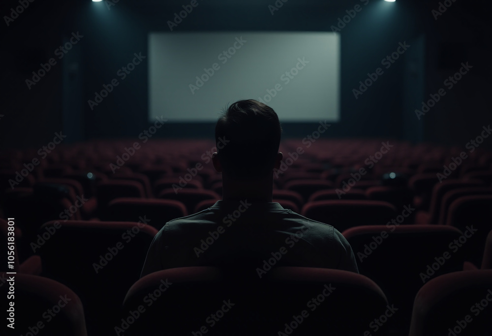 man sits alone dark movie theater waiting thriller film start playing screen man sits alone dark movie theater waiting thriller film start playing screen