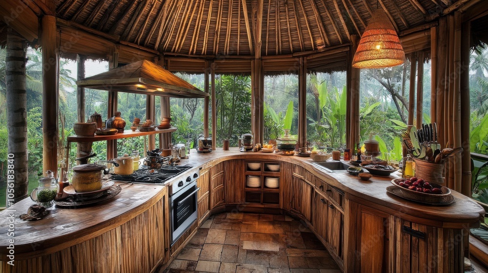 Fototapeta premium Eco-Friendly Balinese Kitchen: A sustainable kitchen incorporating reclaimed wood cabinetry, bamboo accents, and energy-efficient appliances, surrounded by large windows