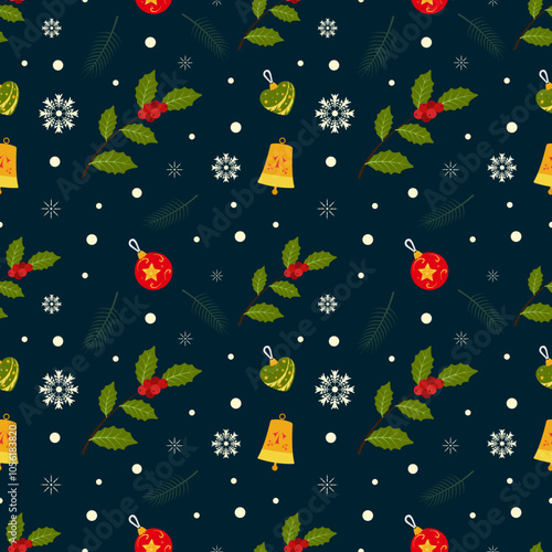 Christmas seamless pattern in flat style isolated on a dark background. Vector graphics.