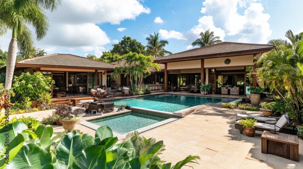 Fototapeta premium Family-Friendly Retreat: A spacious open-air villa designed for family gatherings, featuring a large play area, BBQ station, and a shallow pool for children, all surrounded by tropical plants