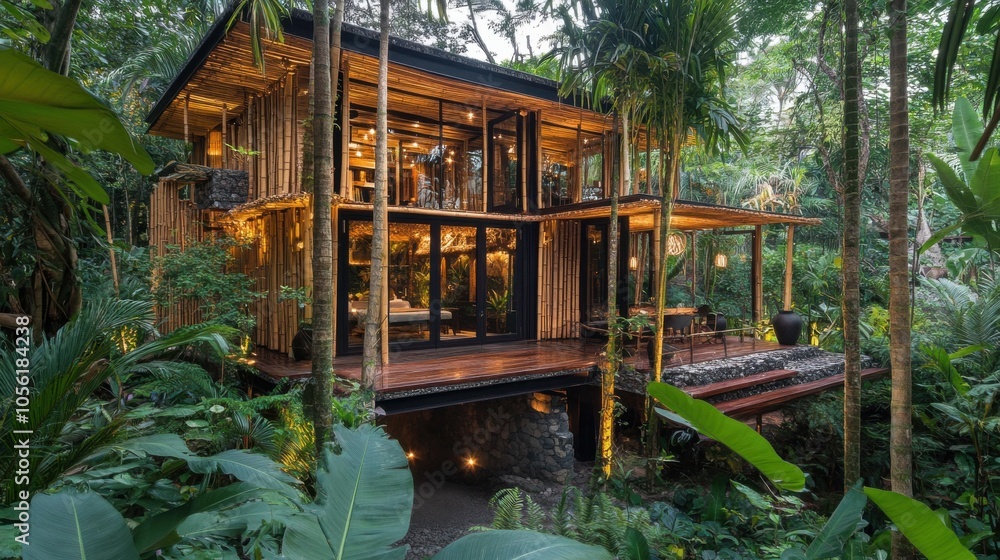 Lush Jungle Retreat: A contemporary villa hidden within a vibrant jungle, incorporating natural materials like bamboo and stone, with a spacious deck surrounded by exotic plants Lush Jungle Retreat: A contemporary villa hidden within a vibrant jungle, incorporating natural materials like bamboo and stone, with a spacious deck surrounded by exotic plants