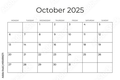 Wallpaper Mural Printable Monthly Calendar Template for OCTOBER 2025. Wall Calendar in a Minimalist Style. Week Starts on MONDAY. Simple and clean design. Vector Torontodigital.ca