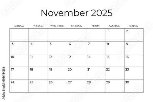 Printable Monthly Calendar Template for NOVEMBER 2025. Wall Calendar in a Minimalist Style. Week Starts on MONDAY. Simple and clean design. Vector