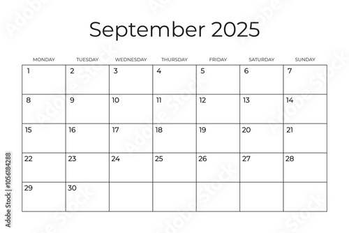 Wallpaper Mural Printable Monthly Calendar Template for SEPTEMBER 2025. Wall Calendar in a Minimalist Style. Week Starts on MONDAY. Simple and clean design. Vector Torontodigital.ca