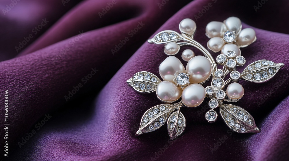 Pearl brooch with floral motifs, isolated on a velvet purple background, with diamond accents and soft lighting Pearl brooch with floral motifs, isolated on a velvet purple background, with diamond accents and soft lighting