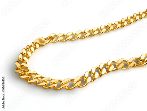 Shiny gold chain necklace isolated on a white background.
